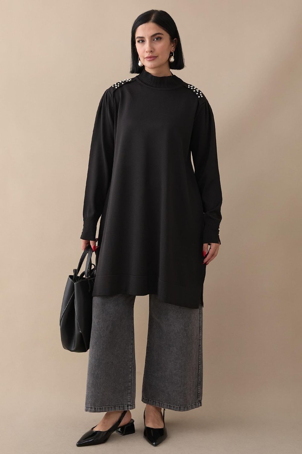 Pearl Detail Black Knit Sweater