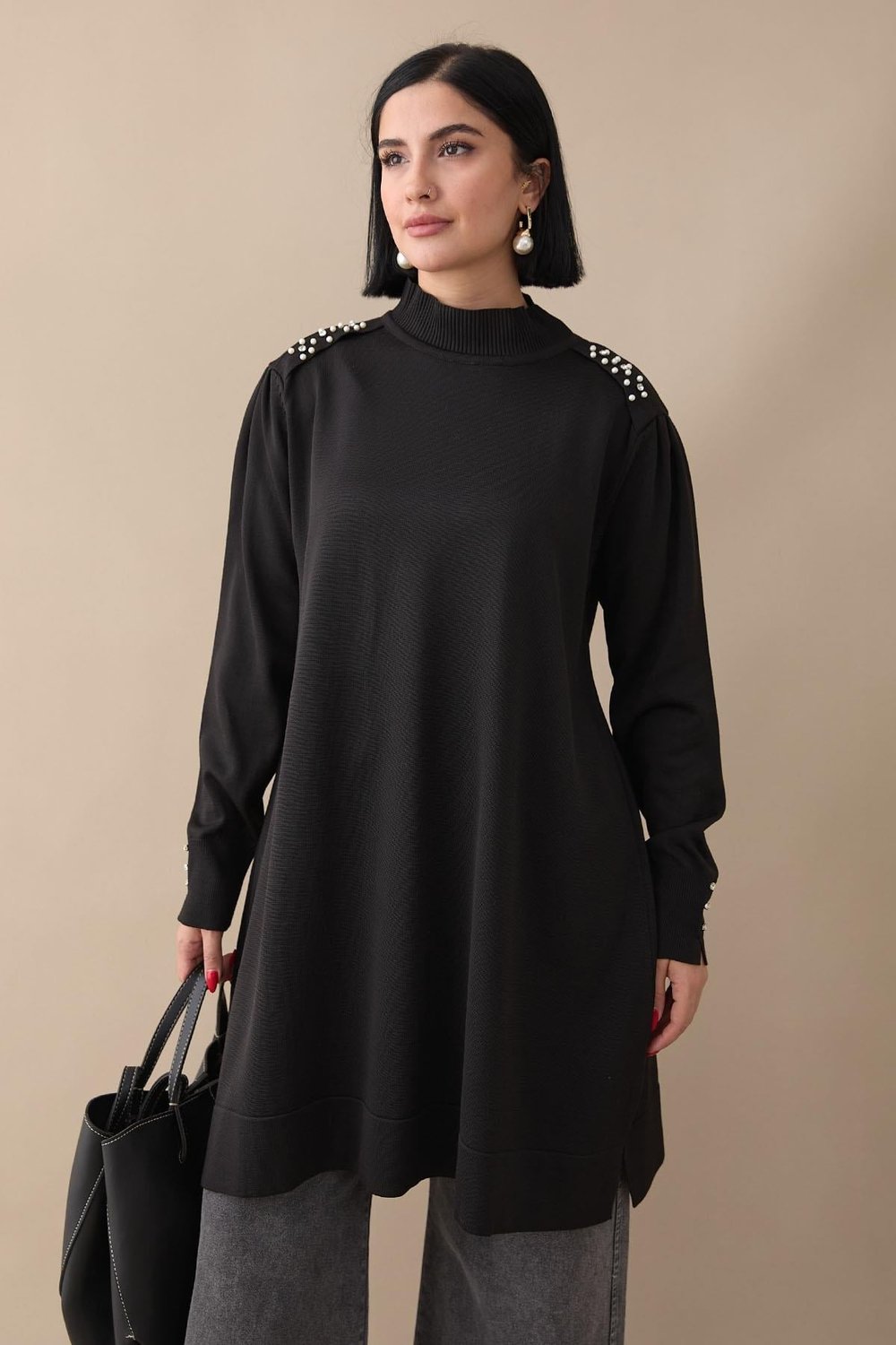 Pearl Detail Black Knit Sweater