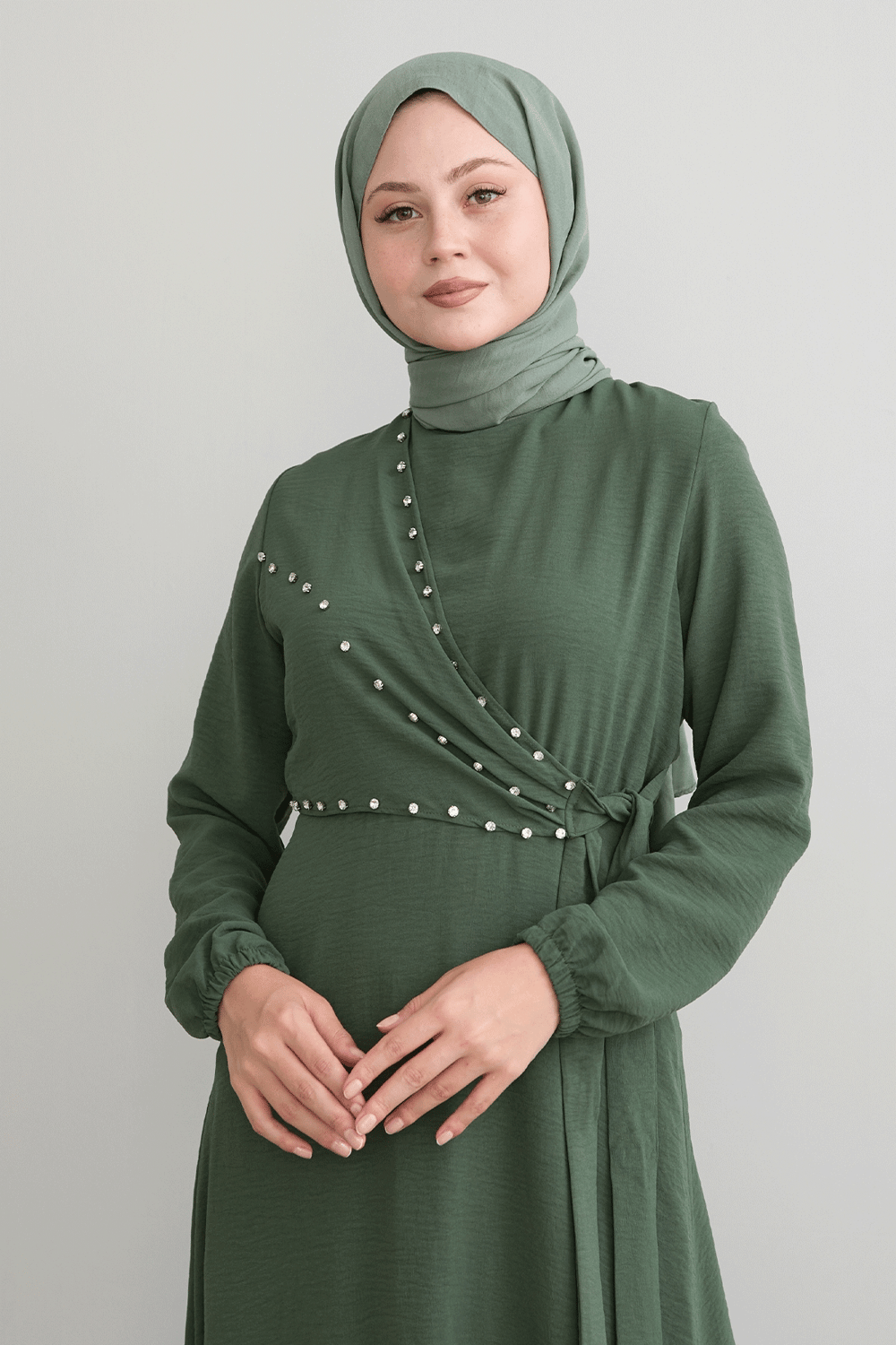 Pearled Tie Front Khaki Ayrobin Dress