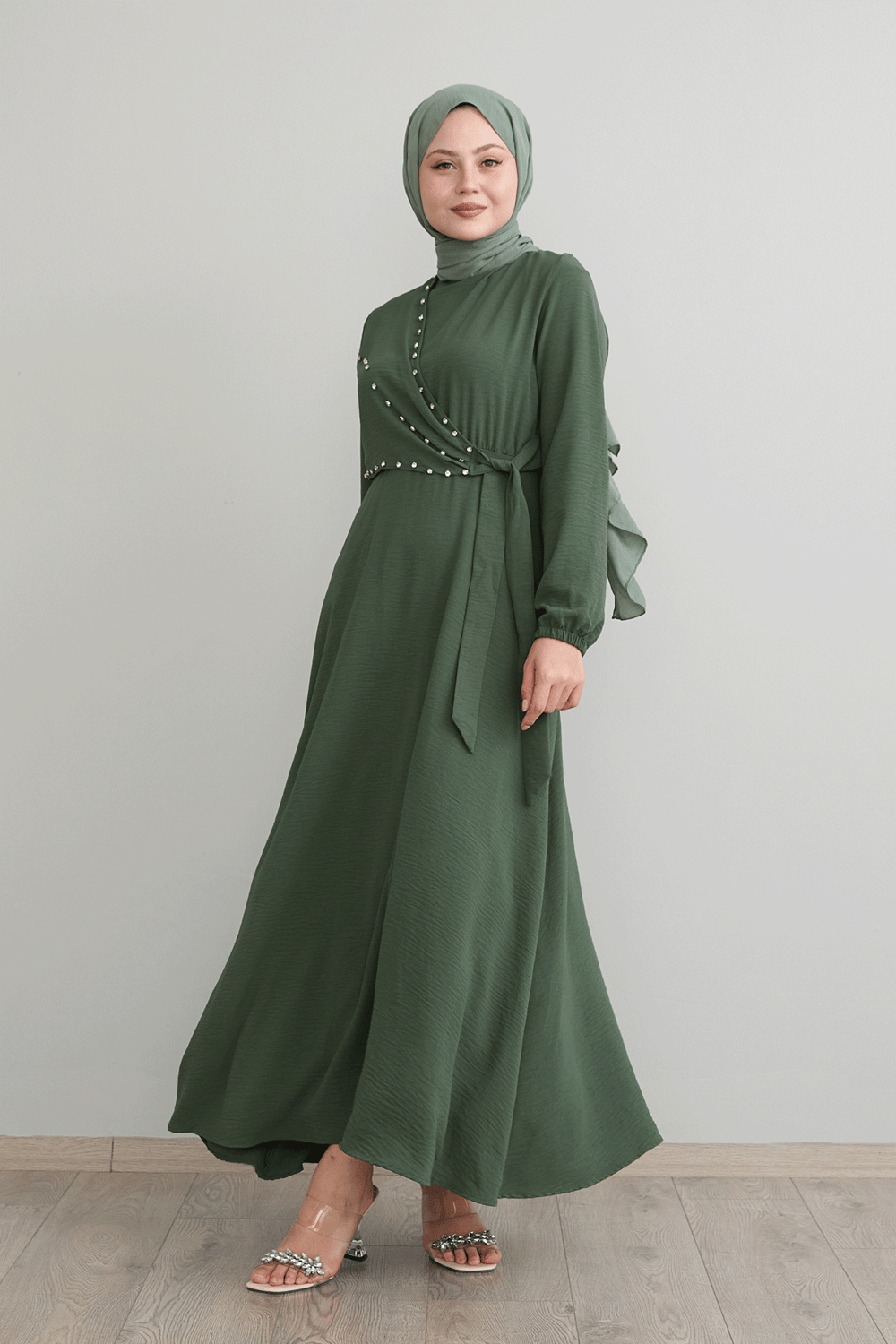 Pearled Tie Front Khaki Ayrobin Dress
