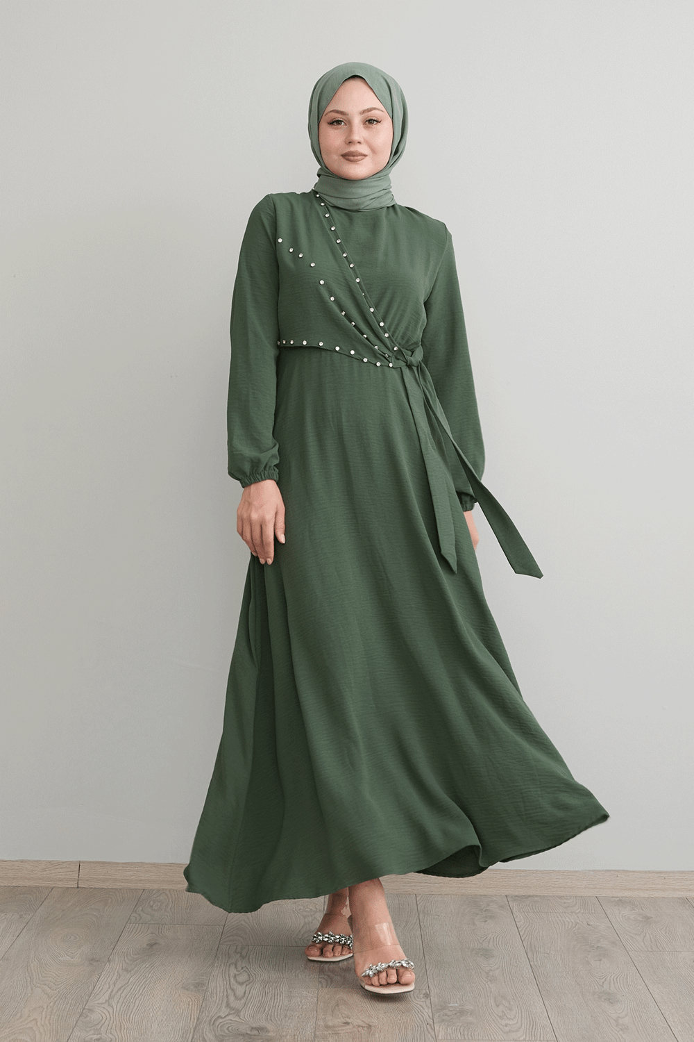 Pearled Tie Front Khaki Ayrobin Dress