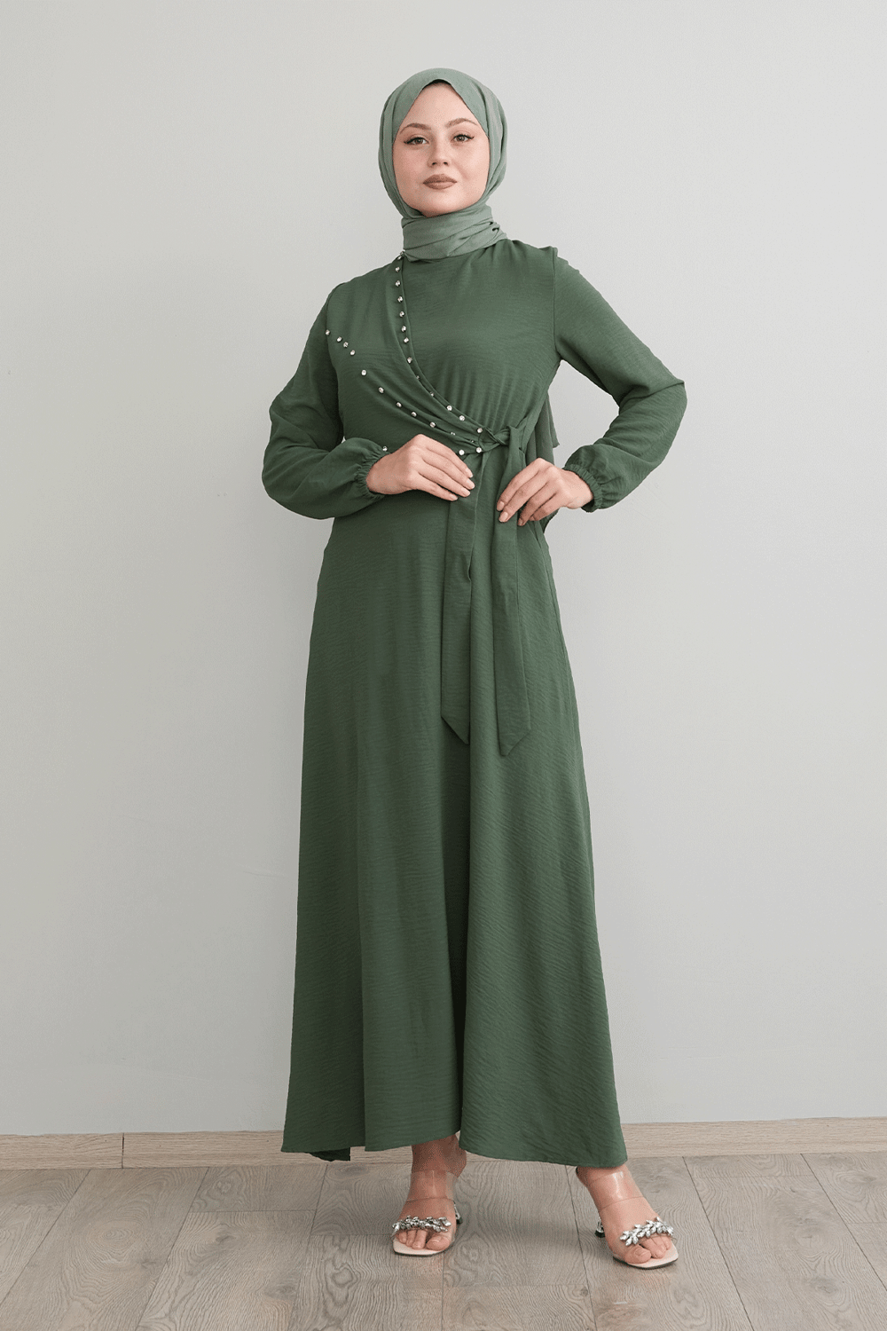 Pearled Tie Front Khaki Ayrobin Dress