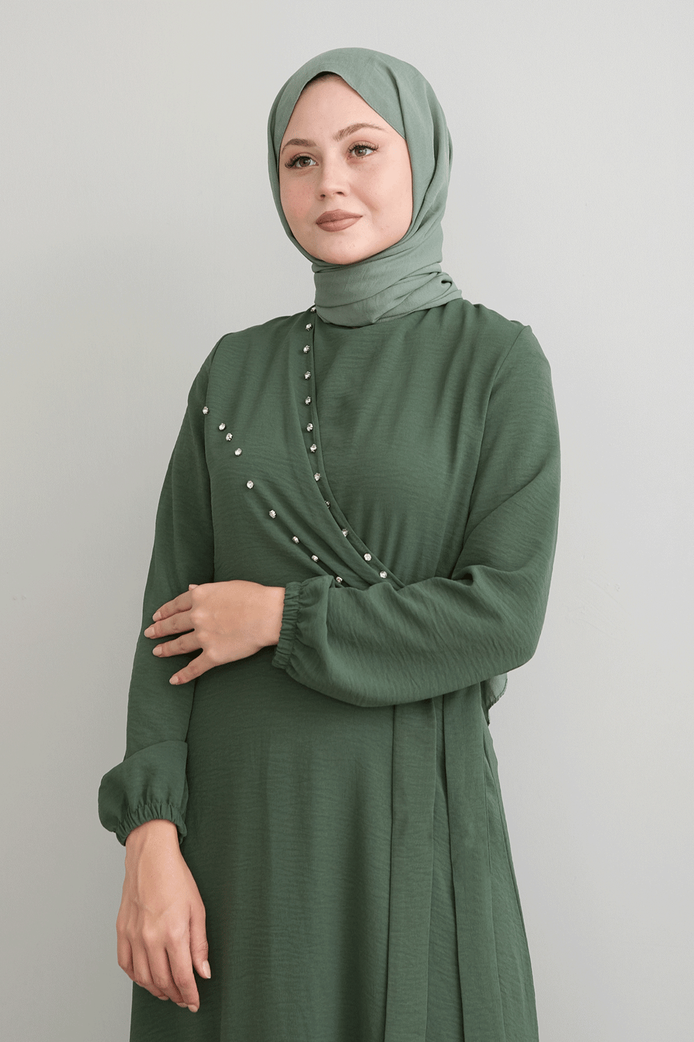 Pearled Tie Front Khaki Ayrobin Dress