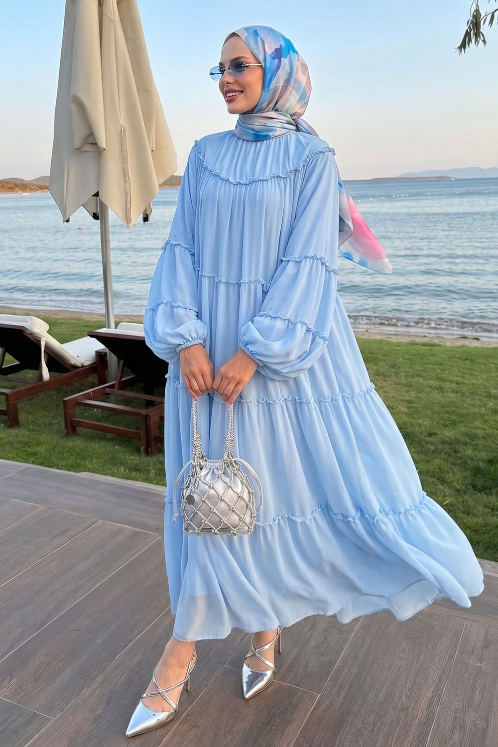 İpli Salaş Bebe Mavisi Şifon Elbise