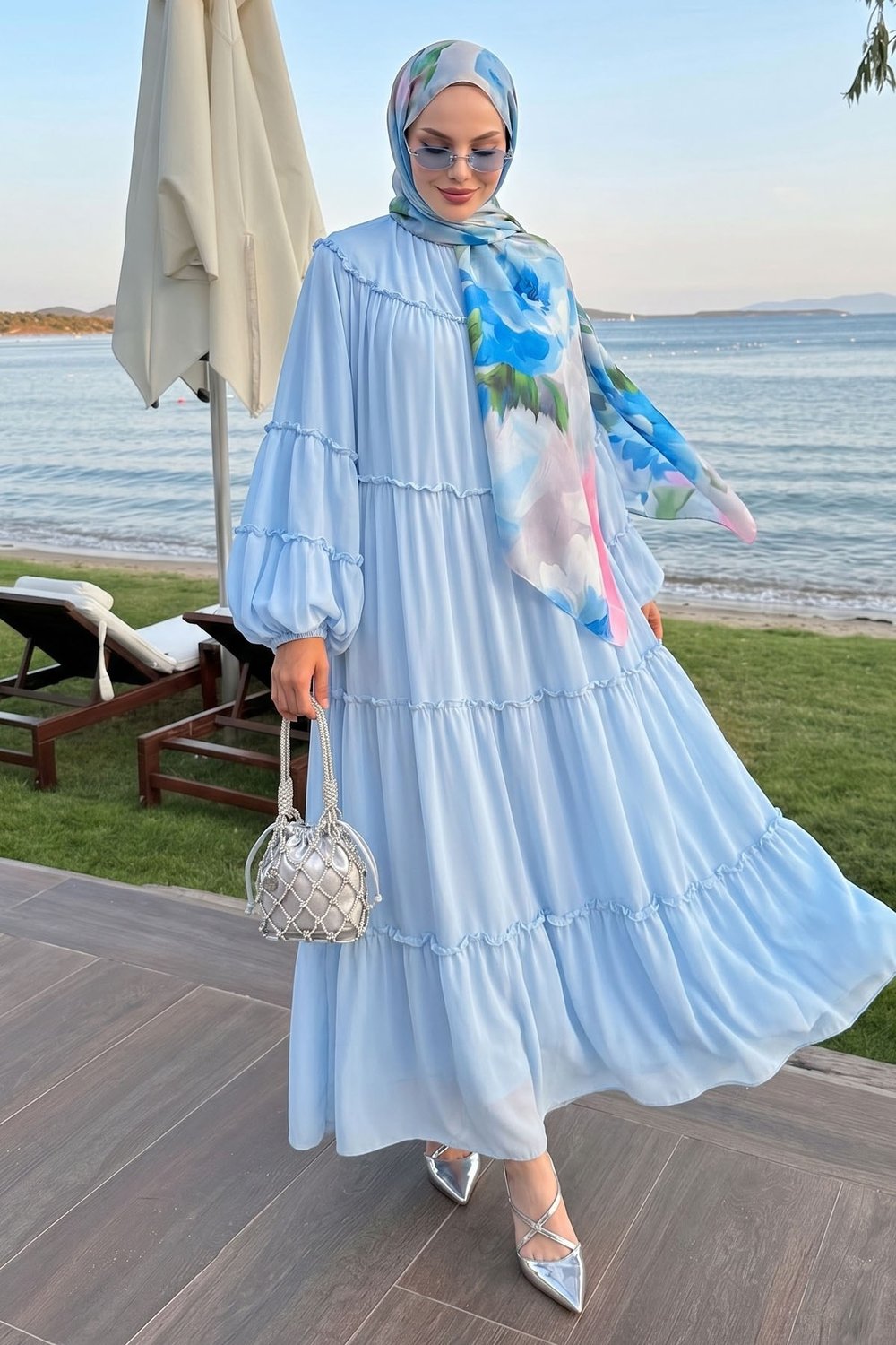 İpli Salaş Bebe Mavisi Şifon Elbise