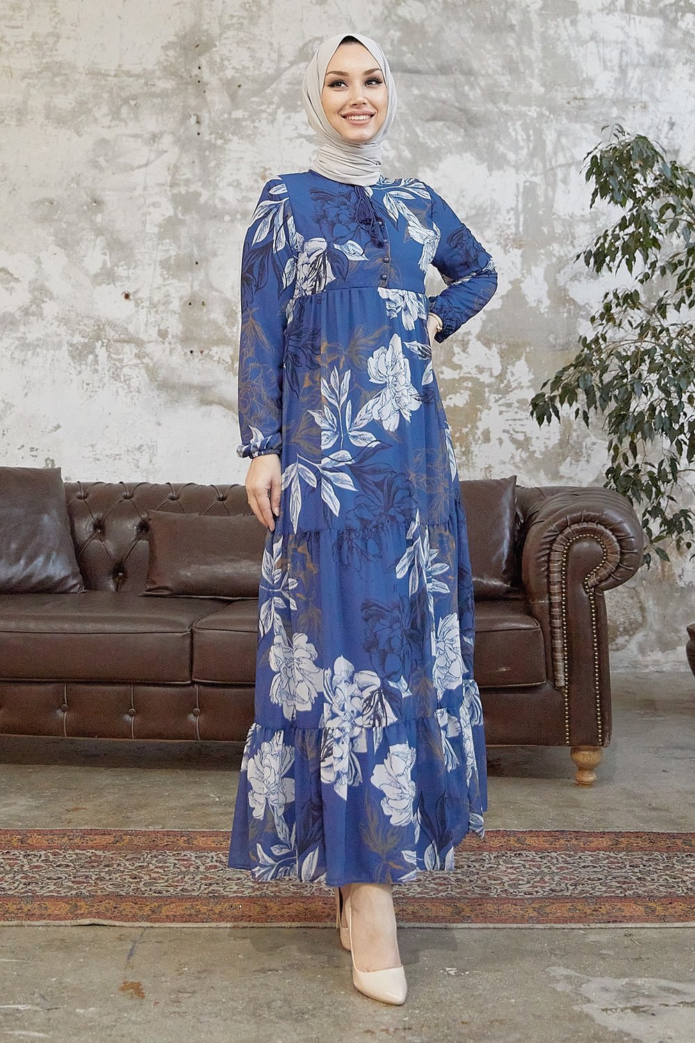 Jalya Buttoned Neck Tie Indigo Chiffon Dress