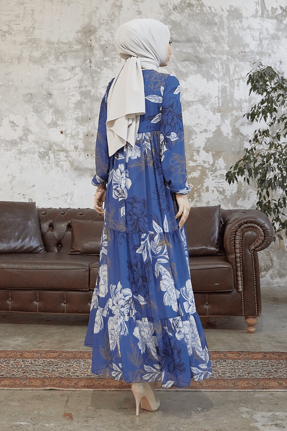 Jalya Buttoned Neck Tie Indigo Chiffon Dress