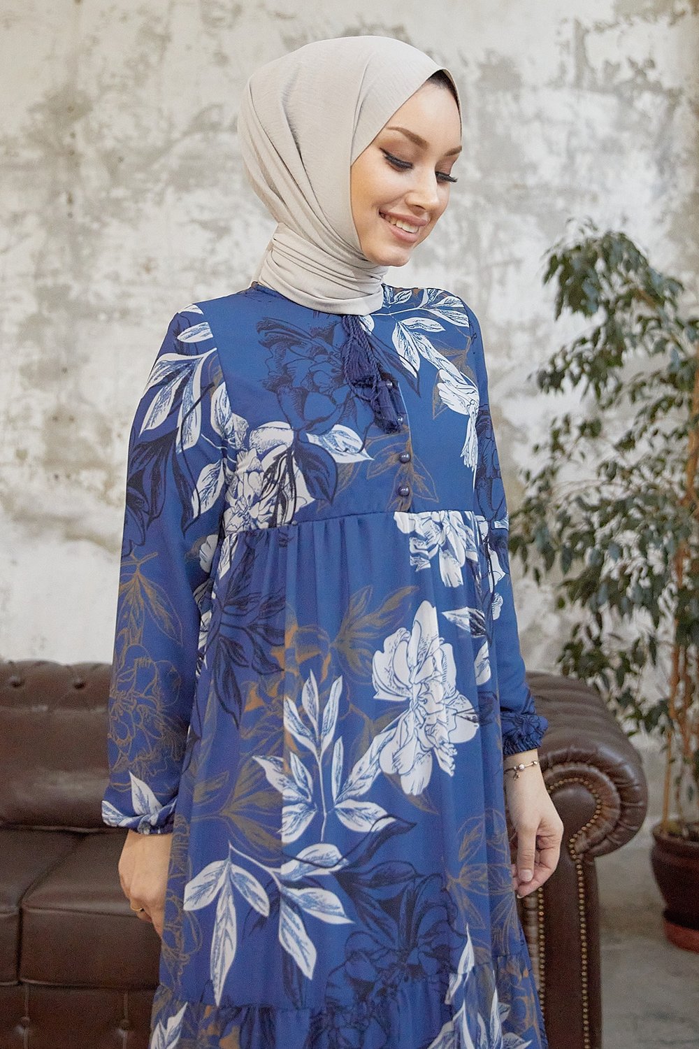 Jalya Buttoned Neck Tie Indigo Chiffon Dress