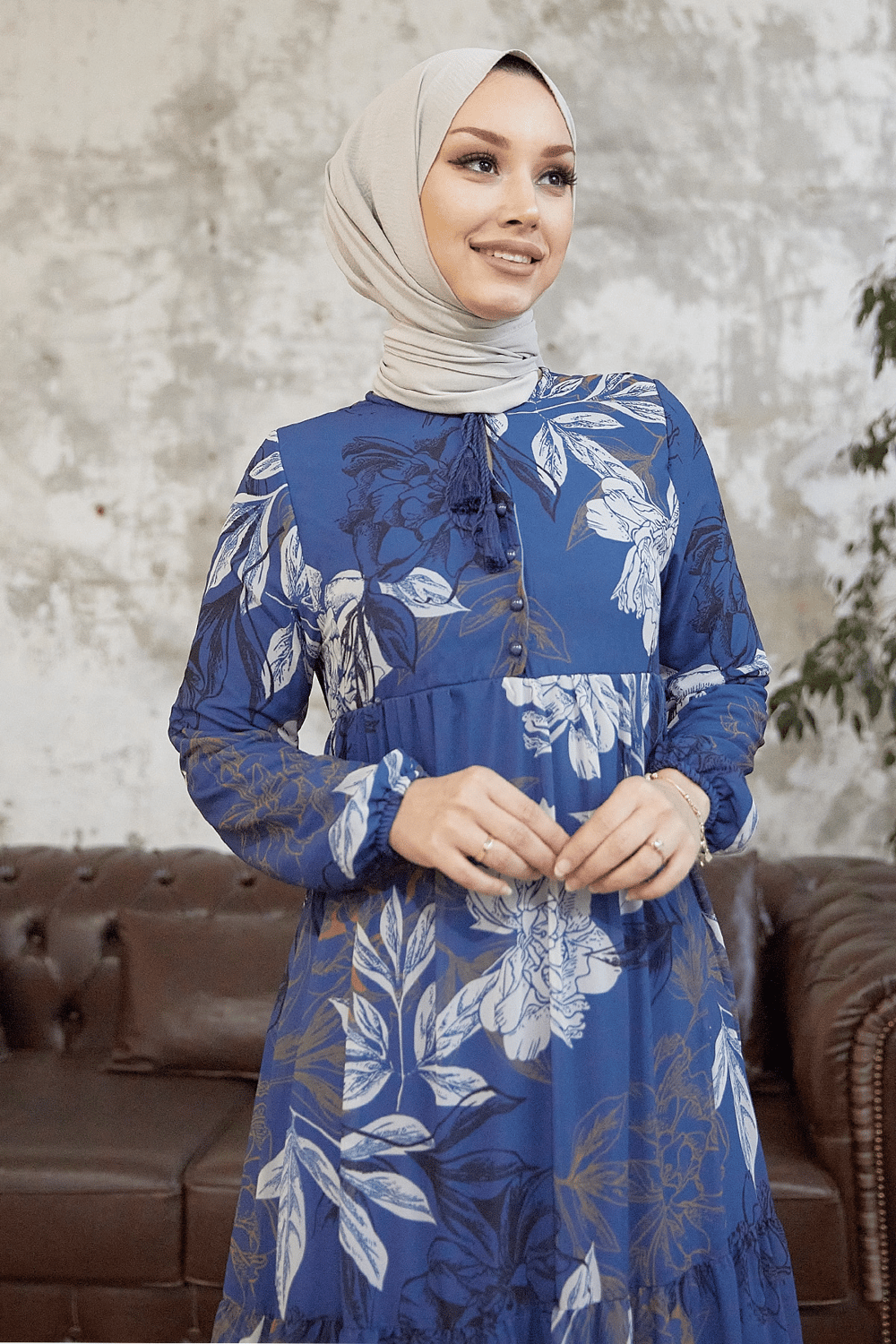 Jalya Buttoned Neck Tie Indigo Chiffon Dress