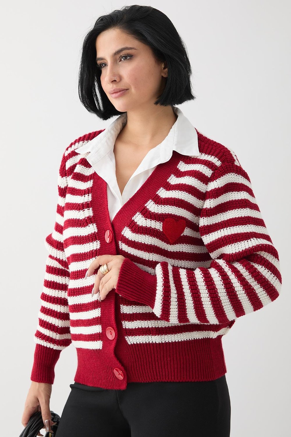 Heart-Striped Red Knit Cardigan
