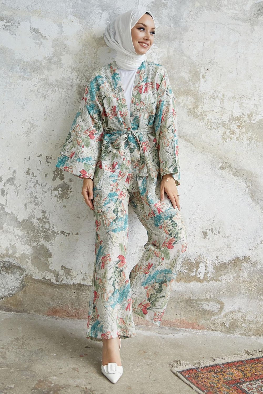 Kamelya Çiçek Desen Kimono Takım - Kırmızı