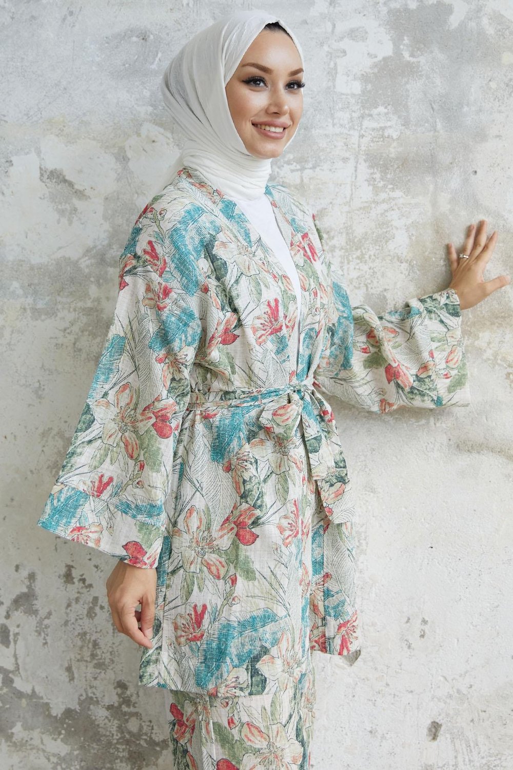 Kamelya Çiçek Desen Kimono Takım - Kırmızı