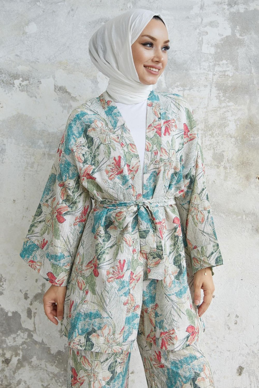Kamelya Çiçek Desen Kimono Takım - Kırmızı