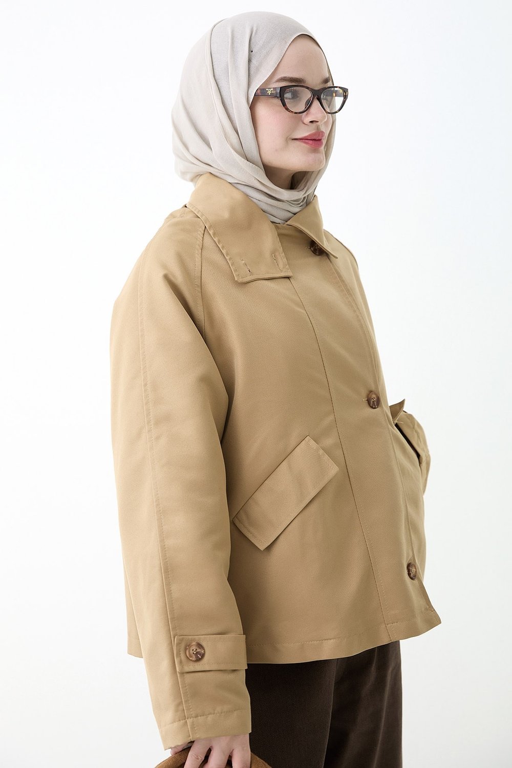 Kapak Cepli Astarlı Camel Ceket