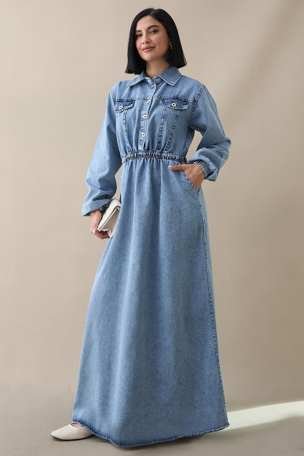 Flap Detail Elastic Waist Blue Denim Dress