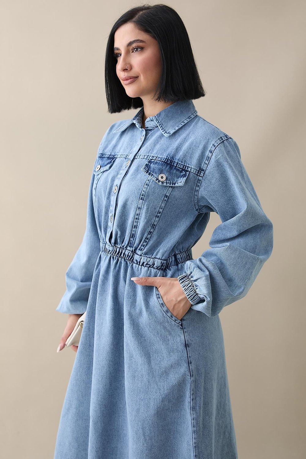 Flap Detail Elastic Waist Blue Denim Dress