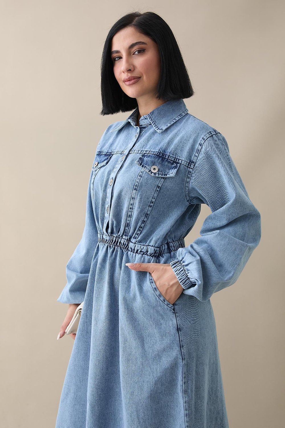 Flap Detail Elastic Waist Blue Denim Dress