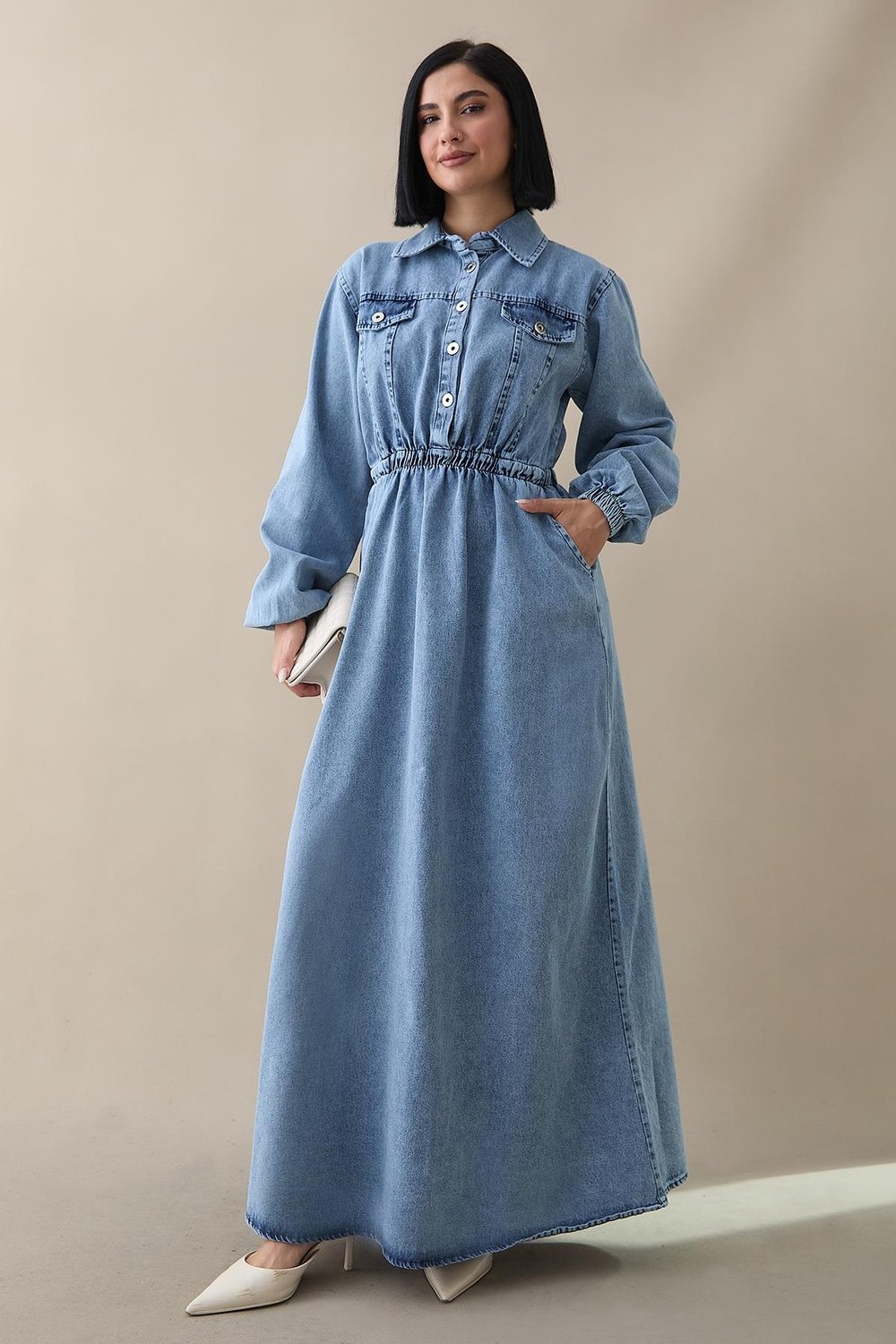 Flap Detail Elastic Waist Blue Denim Dress