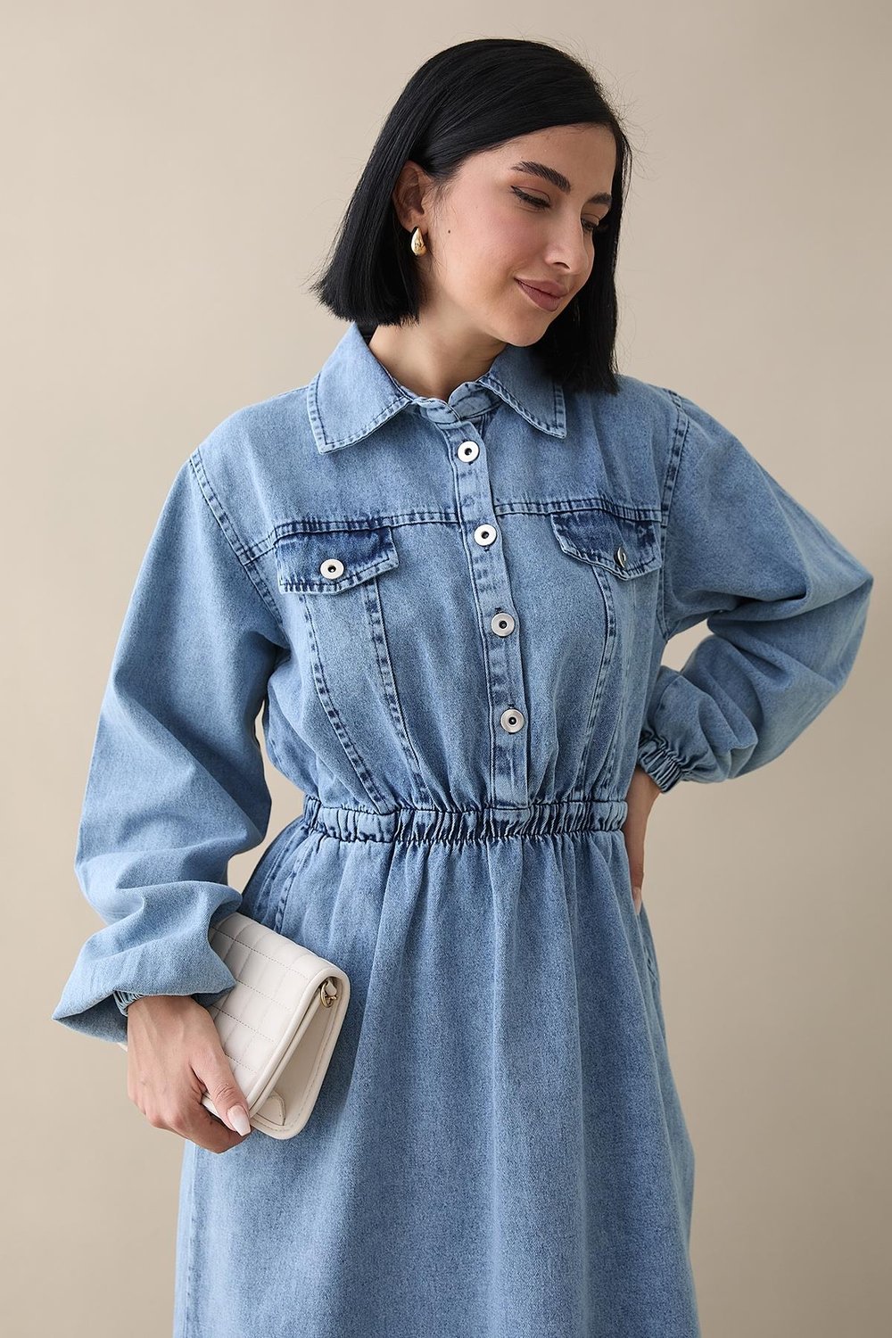 Flap Detail Elastic Waist Blue Denim Dress