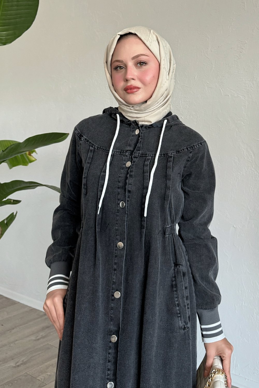 Kapüşonlu Beli Lastikli Siyah Kot Ferace