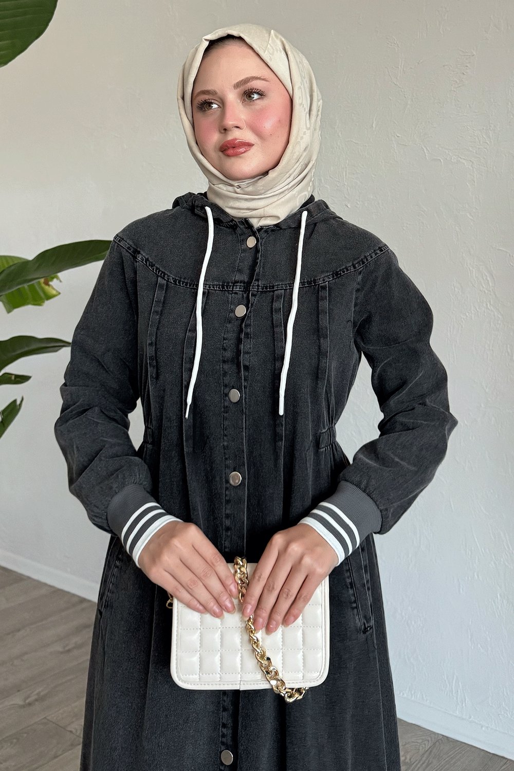 Kapüşonlu Beli Lastikli Siyah Kot Ferace