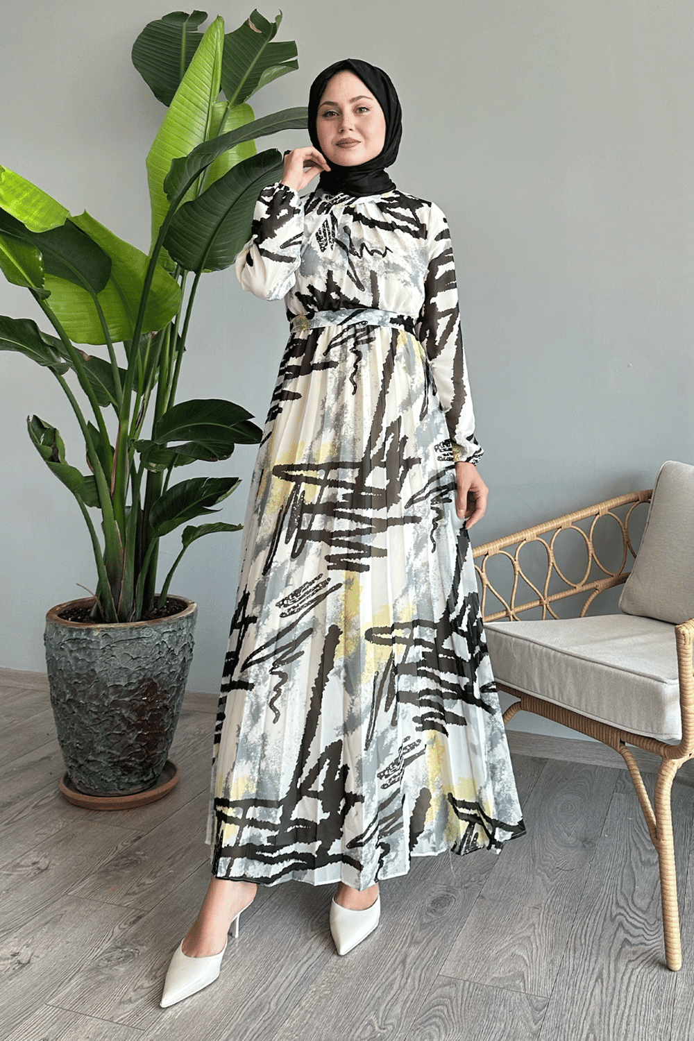 Mixed Stripe Pattern Gray Chiffon Dress