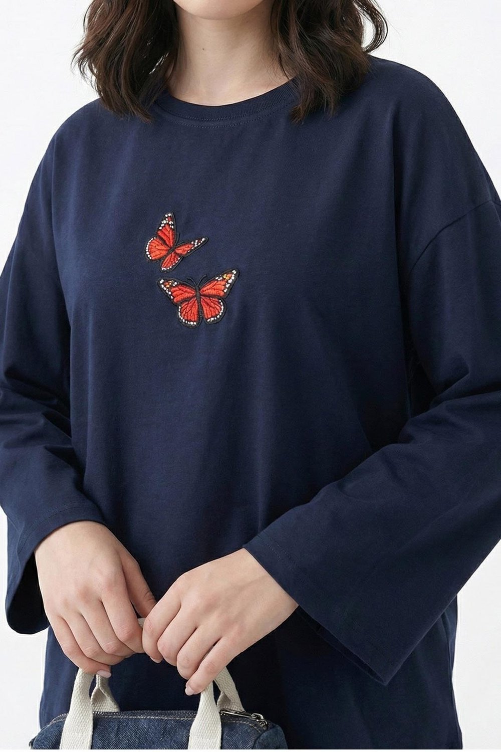 Kelebek Nakışlı Oversize Lacivert Sweat