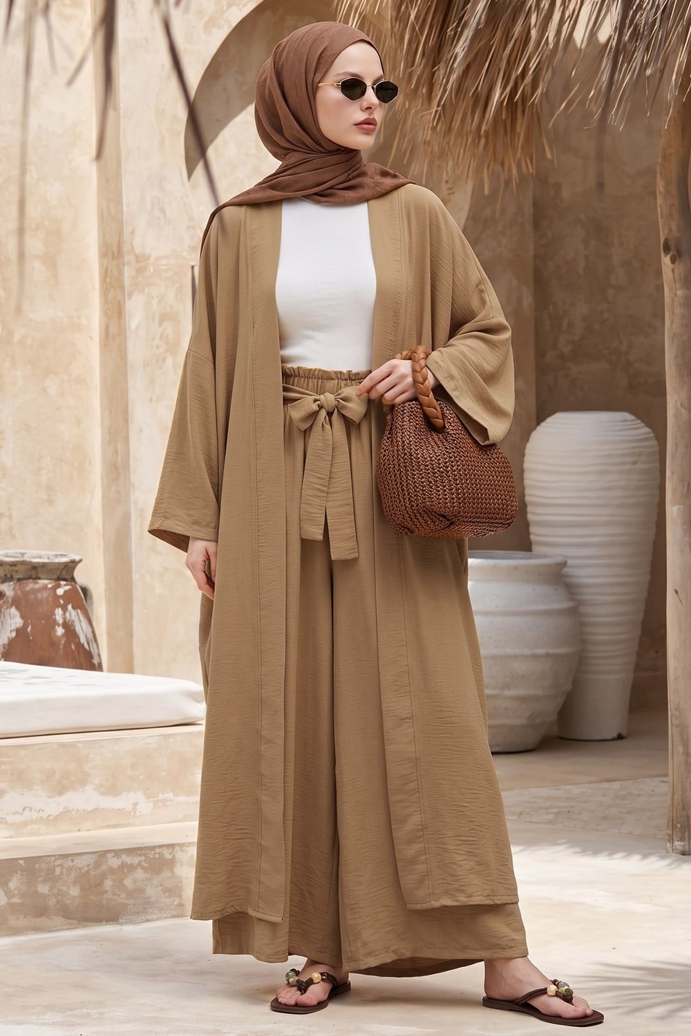 Kimono Pantolonlu Camel Takım