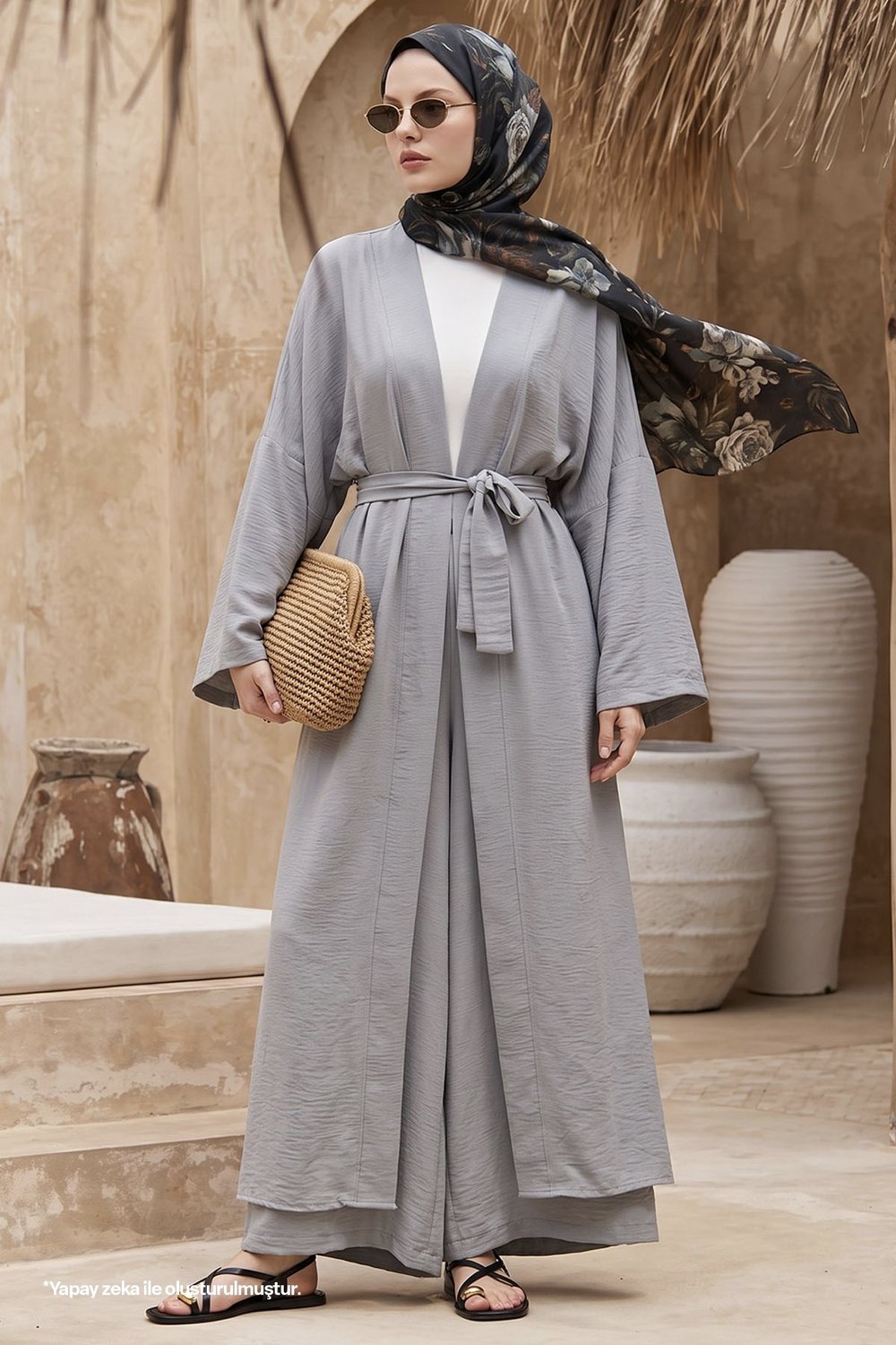 Kimono Pantolonlu Gri Takım