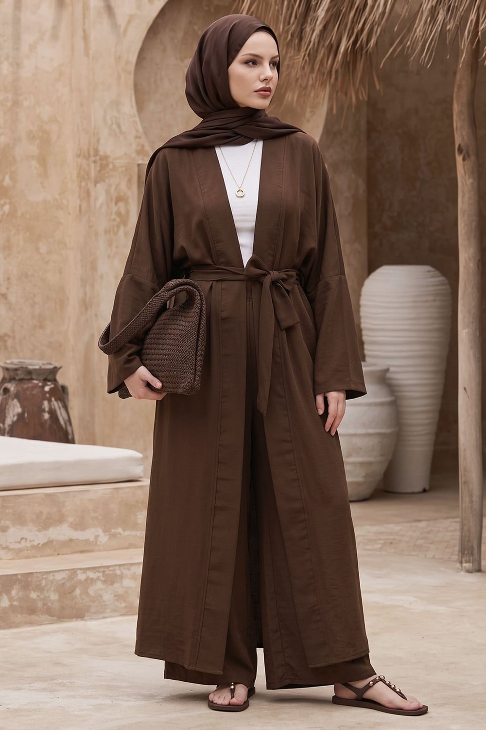 Kimono Pantolonlu Kahve Takım