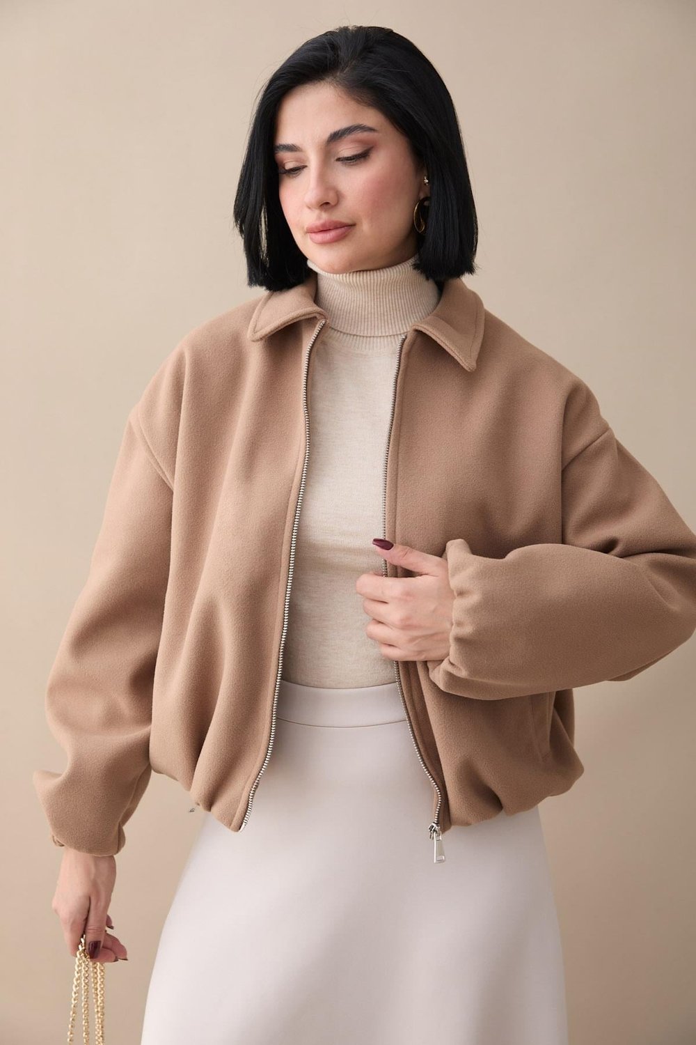 Kısa Kaşe Bomber Camel Ceket
