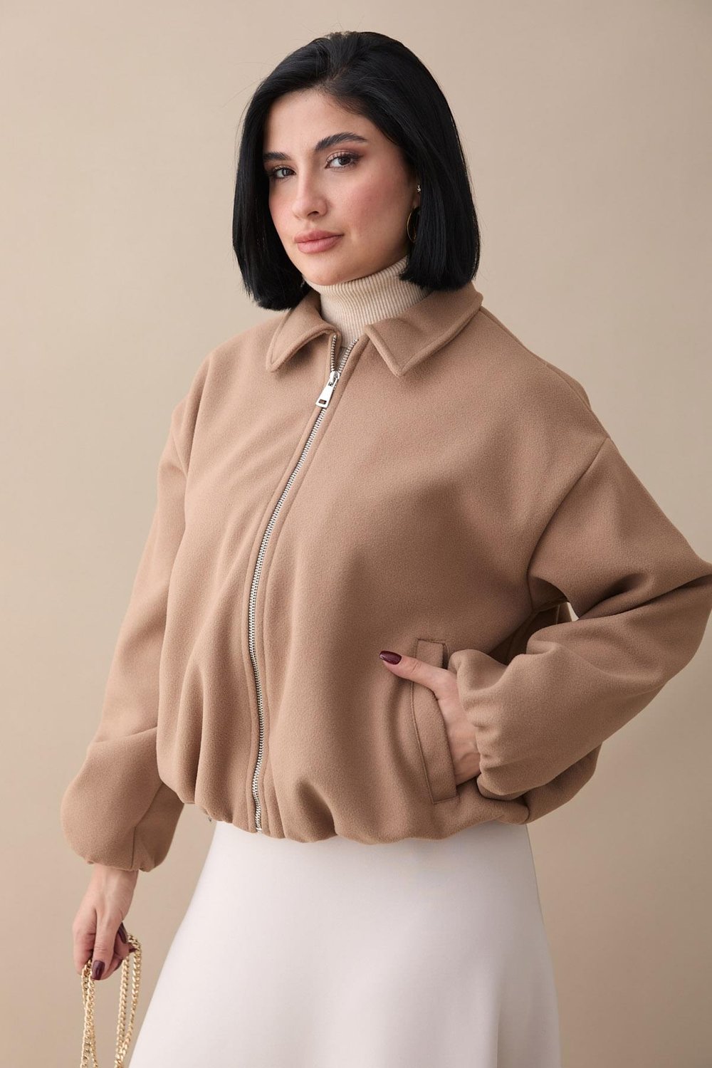 Kısa Kaşe Bomber Camel Ceket