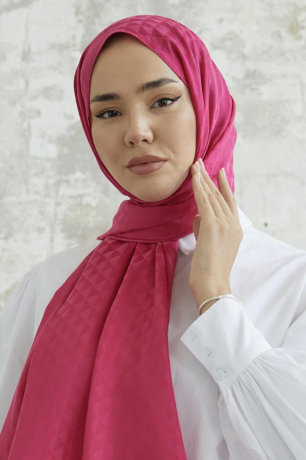 Kiya Prizma Desen Pamuklu Jakar Şal - Fuşya