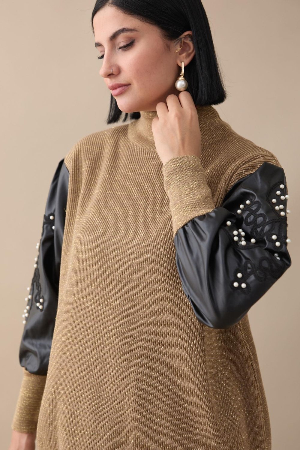 Leather Glitter Sleeve Camel Knit Tunic