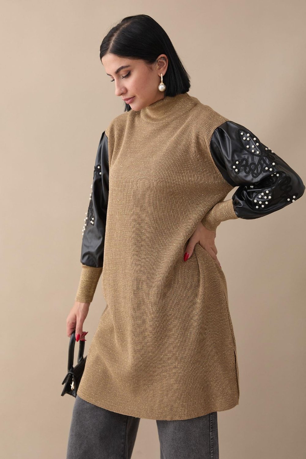 Leather Glitter Sleeve Camel Knit Tunic