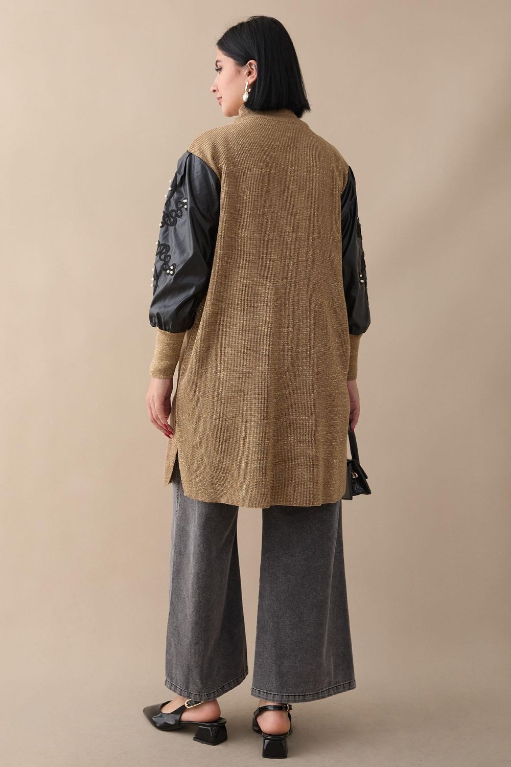 Leather Glitter Sleeve Camel Knit Tunic