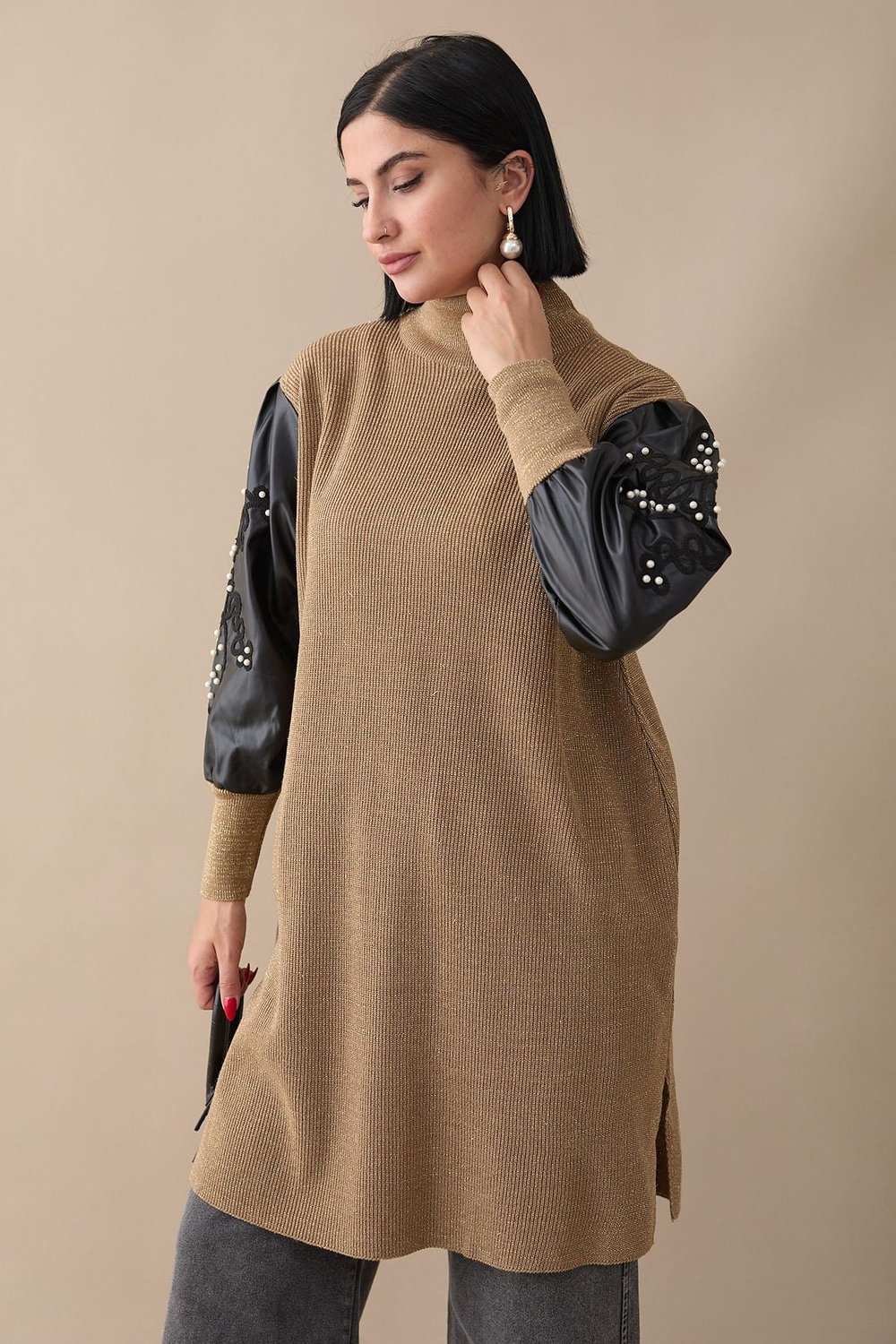 Leather Glitter Sleeve Camel Knit Tunic