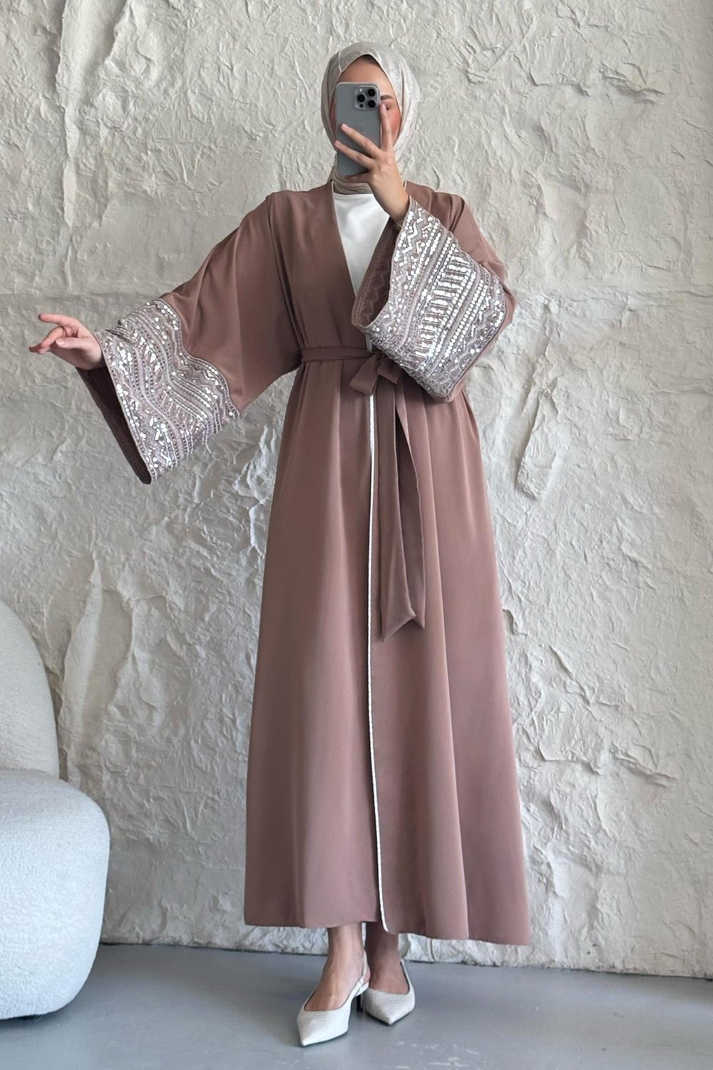 Kolları Pul Payetli Bej Abaya