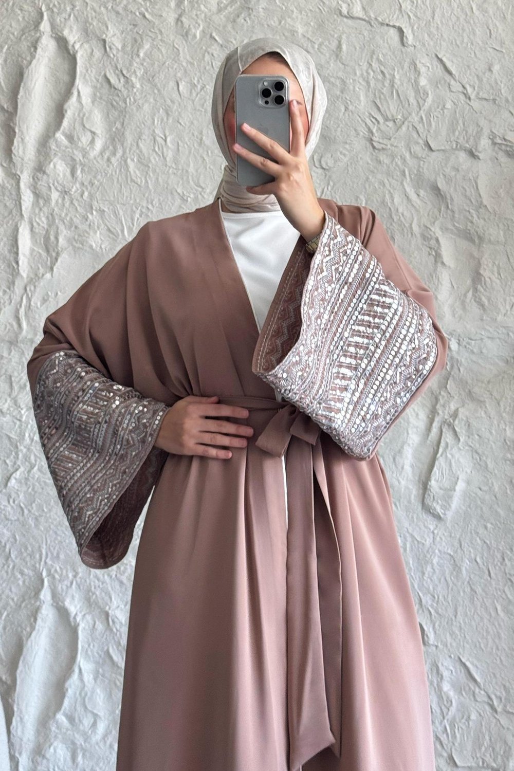 Kolları Pul Payetli Bej Abaya