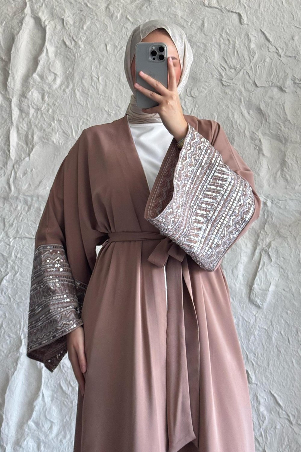 Kolları Pul Payetli Bej Abaya