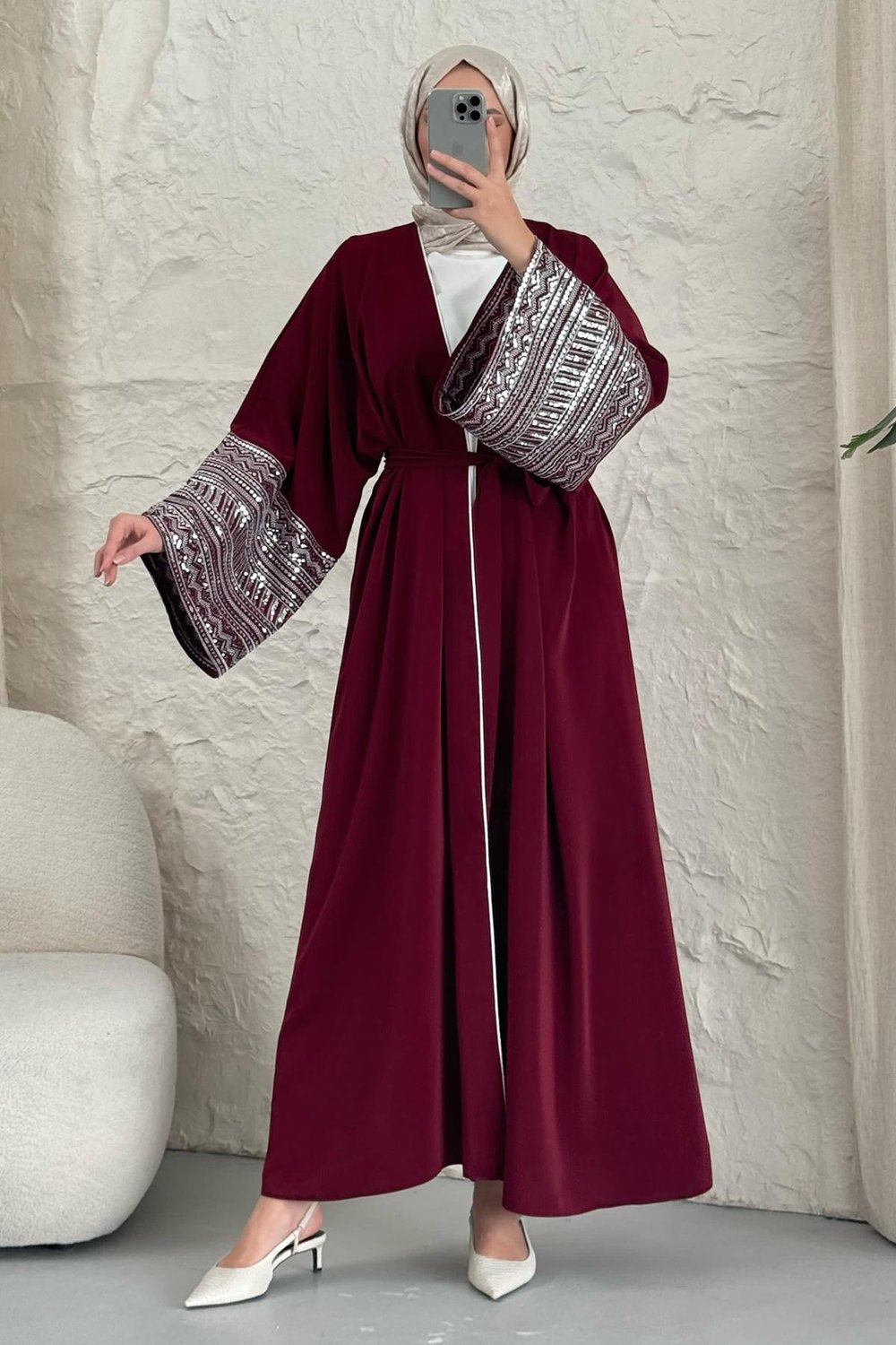 Kolları Pul Payetli Bordo Abaya