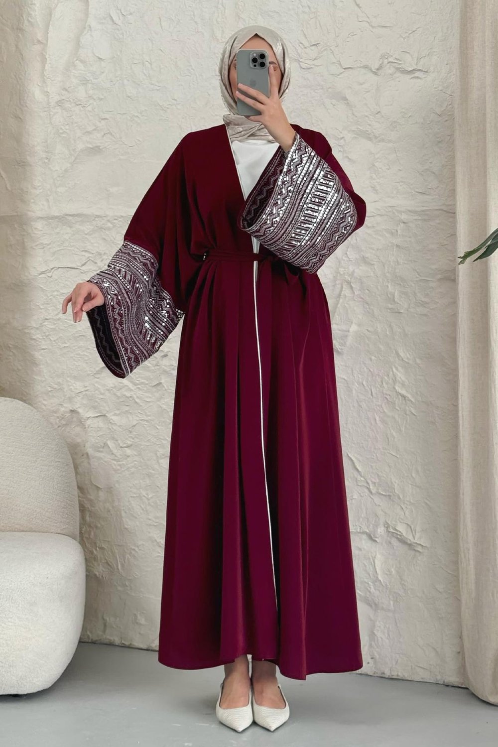 Kolları Pul Payetli Bordo Abaya
