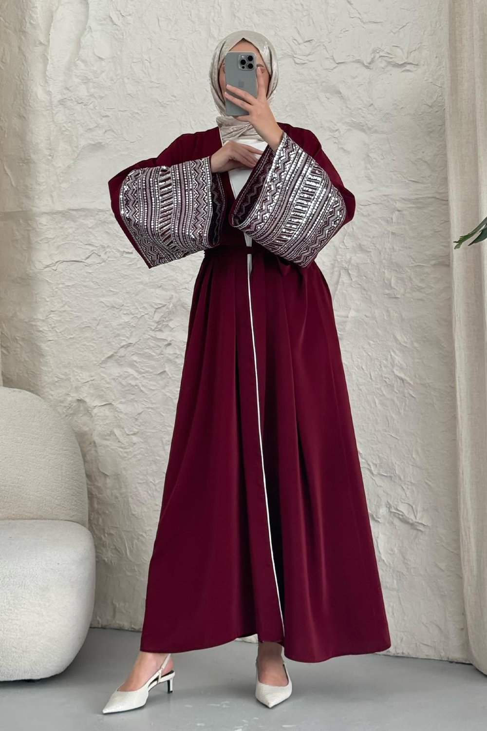 Kolları Pul Payetli Bordo Abaya