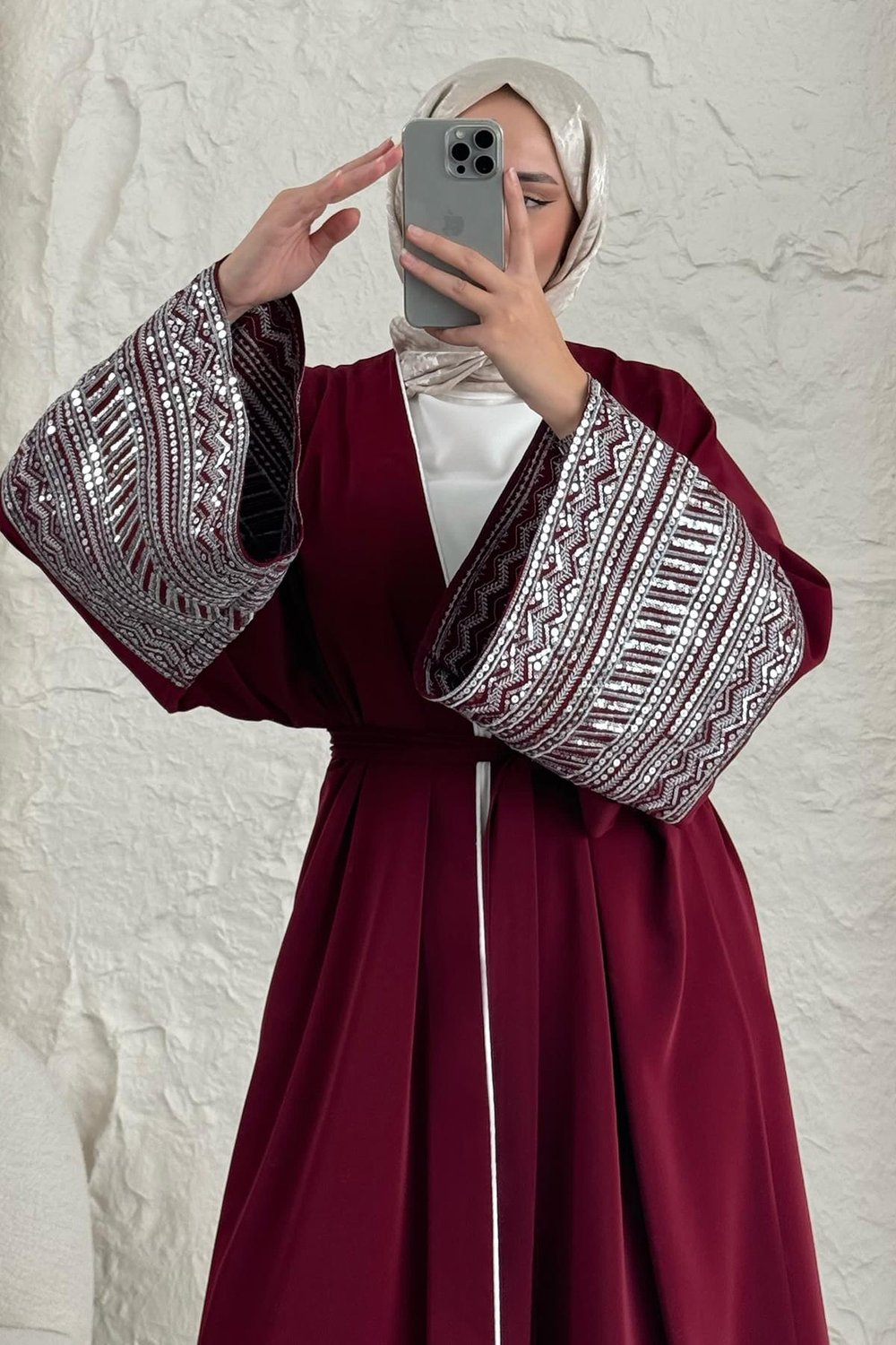 Kolları Pul Payetli Bordo Abaya