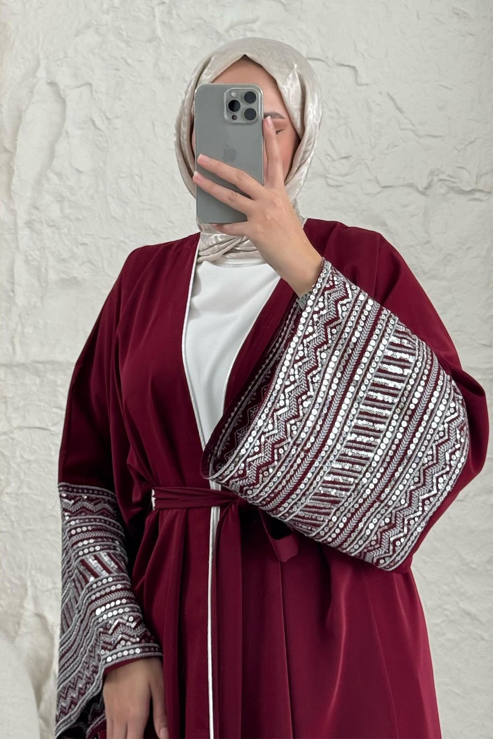 Kolları Pul Payetli Bordo Abaya