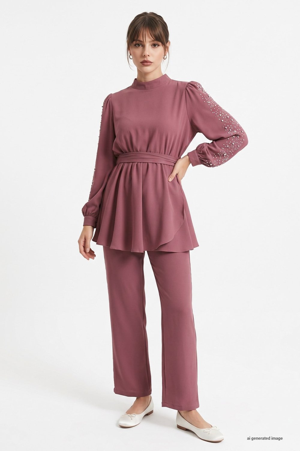 Pearl-Sleeved Gathered Waist Rosewood Set