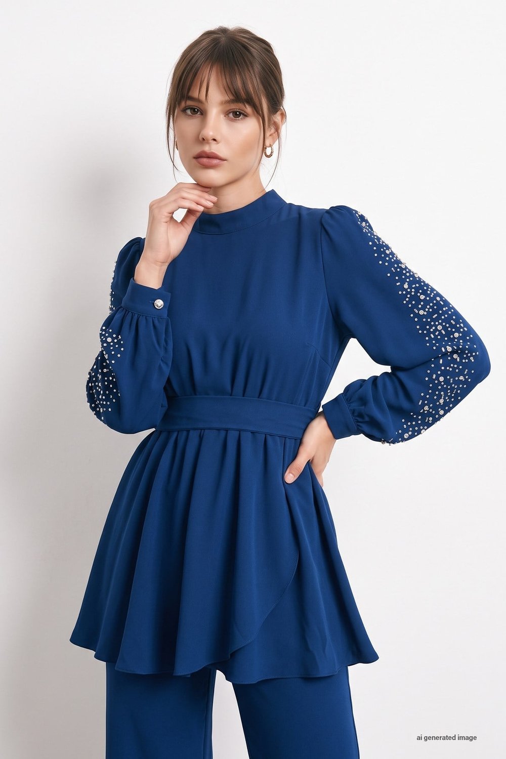 Pearl-Sleeved Gathered Waist Indigo Set