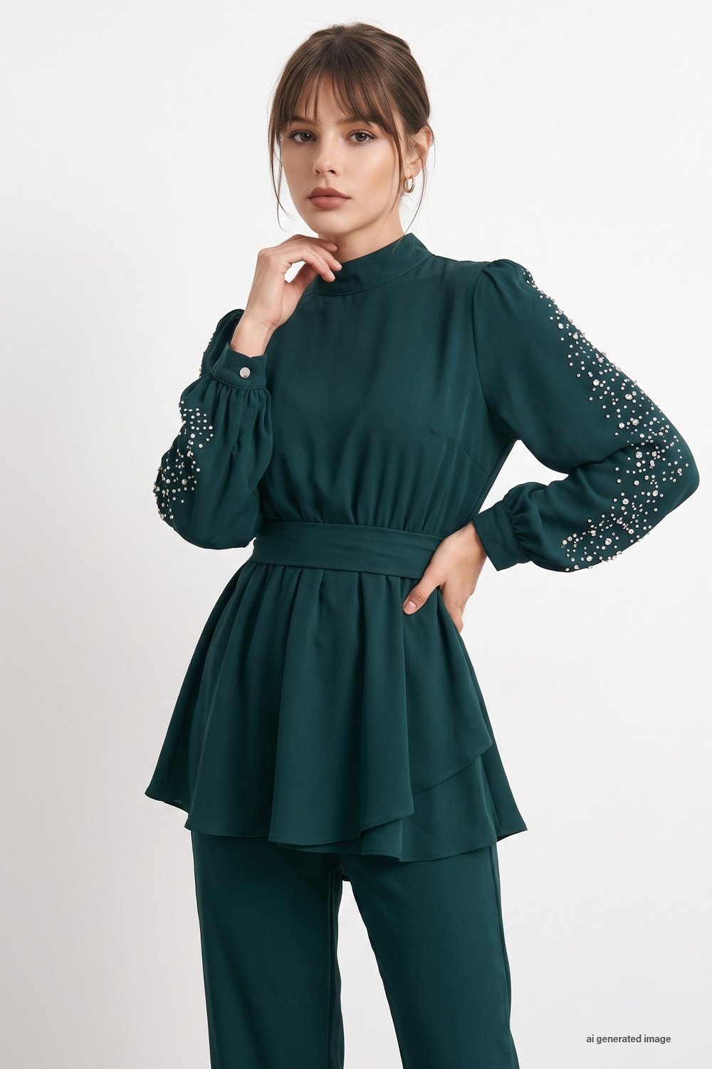 Pearl-Sleeved Gathered Waist Emerald Green Set
