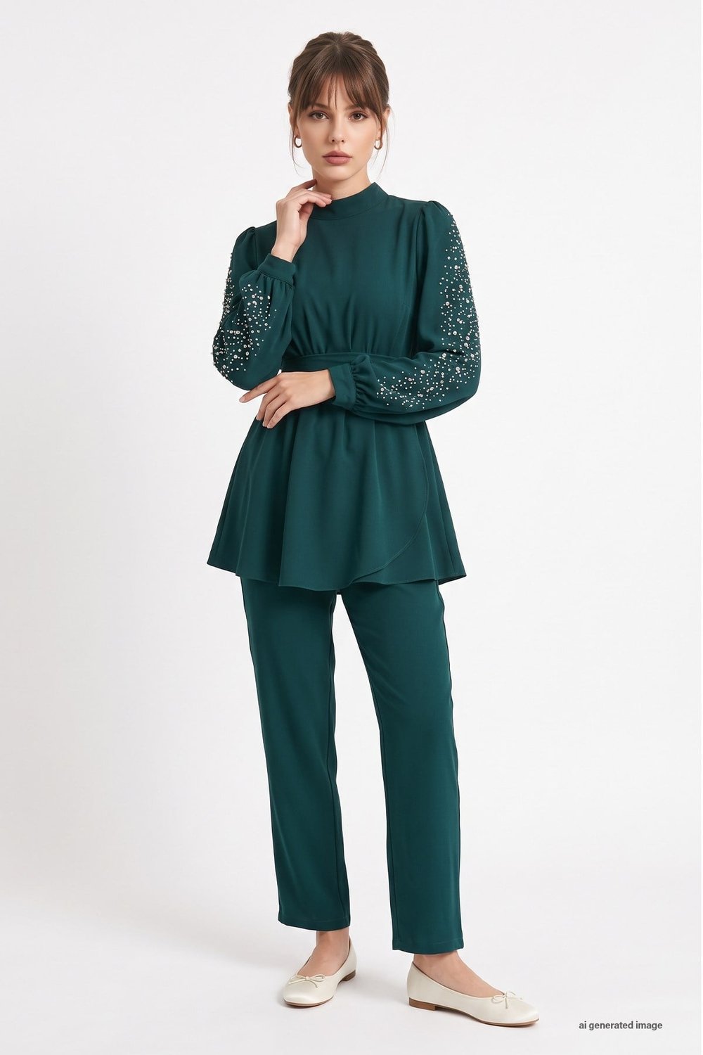 Pearl-Sleeved Gathered Waist Emerald Green Set