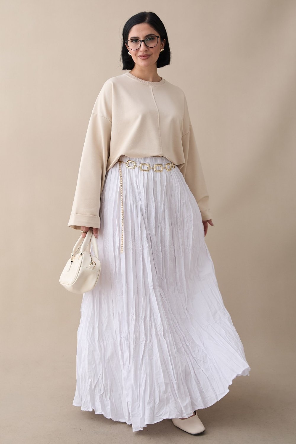 Kolu Katlamalı Oversize Bej Sweat